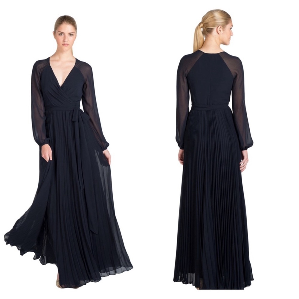 Badgley Mischka Pleated Evening Wrap Gown V-Neck Blouson Sheer Sleeves Navy Sz 6